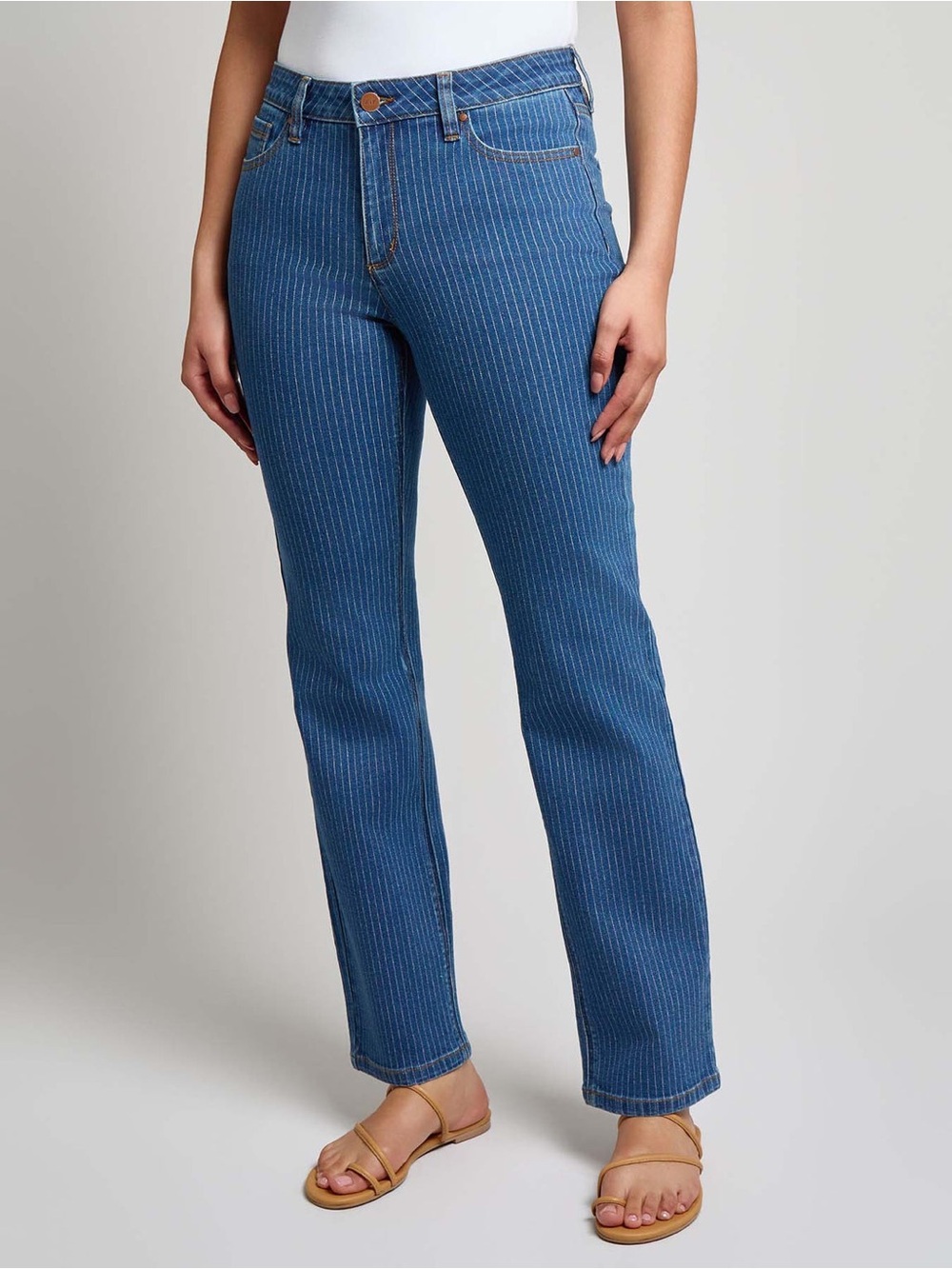 Jones New York Lexington Straight Leg Pinstripe Stretch Jeans Blue 10 Petite NEW